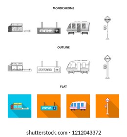 Vector illustration of train and station logo. Collection of train and ticket stock vector illustration.