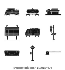 Vector illustration of train and station sign. Collection of train and ticket stock vector illustration.