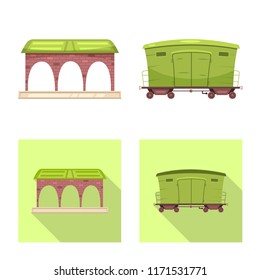 Vector illustration of train and station sign. Set of train and ticket stock vector illustration.