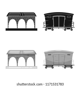 Vector illustration of train and station sign. Set of train and ticket stock symbol for web.
