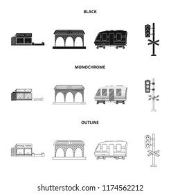 Vector illustration of train and station sign. Set of train and ticket stock symbol for web.