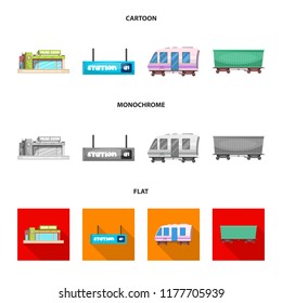 Vector illustration of train and station sign. Set of train and ticket stock vector illustration.