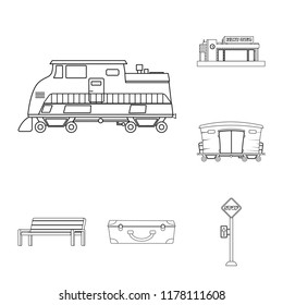 Vector illustration of train and station sign. Set of train and ticket stock symbol for web.