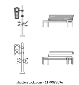 Vector illustration of train and station sign. Collection of train and ticket stock vector illustration.
