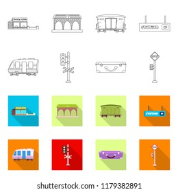 Vector illustration of train and station sign. Collection of train and ticket vector icon for stock.