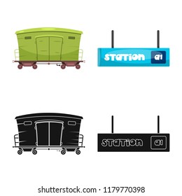 Vector illustration of train and station sign. Collection of train and ticket stock symbol for web.