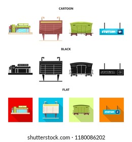 Vector illustration of train and station sign. Collection of train vector icon for stock.