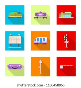 Vector illustration of train and station sign. Collection of train and ticket stock vector illustration.