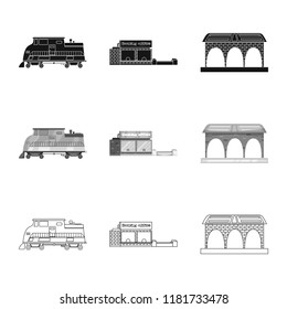 Vector illustration of train and station sign. Collection of train and ticket stock symbol for web.