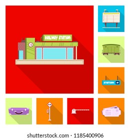 Vector illustration of train and station sign. Set of train and ticket stock symbol for web.