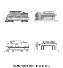 Vector illustration of train and station sign. Set of train and ticket stock vector illustration.
