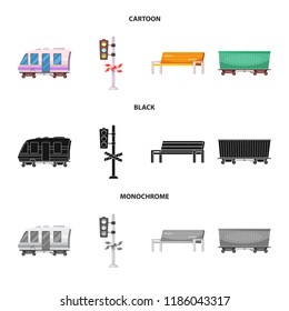 Vector illustration of train and station sign. Set of train and ticket stock symbol for web.