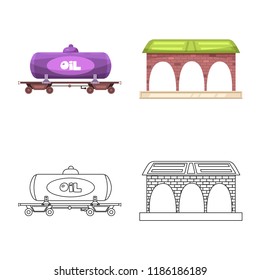 Vector illustration of train and station sign. Set of train and ticket stock vector illustration.
