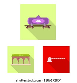Vector illustration of train and station sign. Set of train and ticket stock vector illustration.