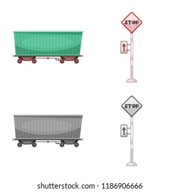 Vector illustration of train and station sign. Set of train and ticket stock symbol for web.