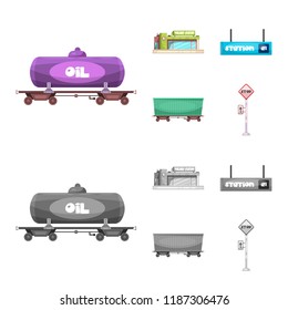 Vector illustration of train and station sign. Collection of train and ticket stock vector illustration.