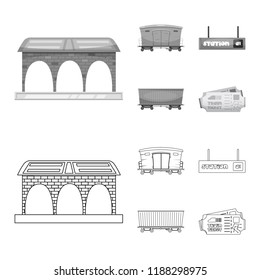 Vector illustration of train and station sign. Collection of train and ticket stock symbol for web.