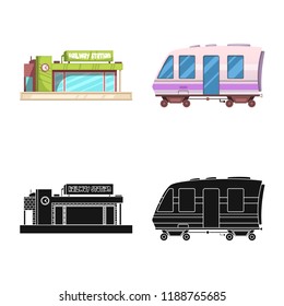 Vector illustration of train and station sign. Set of train and ticket vector icon for stock.