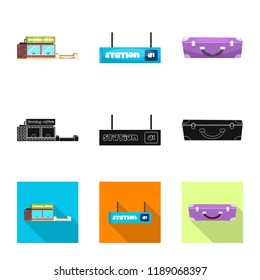 Vector illustration of train and station sign. Set of train and ticket vector icon for stock.