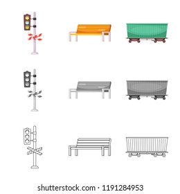 Vector illustration of train and station sign. Set of train and ticket stock symbol for web.