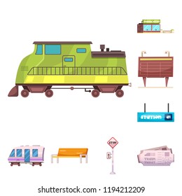 Vector illustration of train and station sign. Collection of train and ticket stock vector illustration.