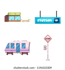 Vector illustration of train and station sign. Collection of train and ticket vector icon for stock.