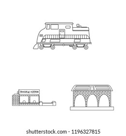 Vector illustration of train and station sign. Set of train and ticket stock vector illustration.