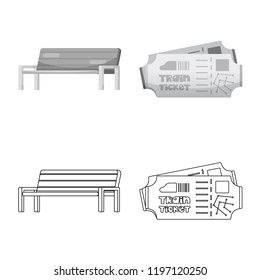 Vector illustration of train and station sign. Collection of train and ticket stock vector illustration.