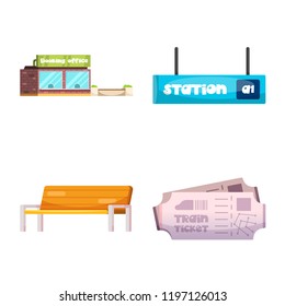Vector illustration of train and station sign. Set of train and ticket stock vector illustration.