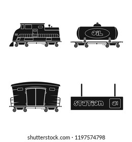 Vector illustration of train and station sign. Set of train and ticket stock symbol for web.
