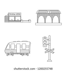 Vector illustration of train and station sign. Set of train and ticket vector icon for stock.