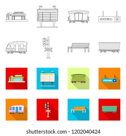 Vector illustration of train and station sign. Collection of train and ticket vector icon for stock.