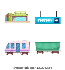 Vector illustration of train and station sign. Collection of train and ticket stock vector illustration.