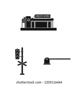 Vector illustration of train and station sign. Set of train and ticket stock symbol for web.