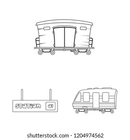 Vector illustration of train and station sign. Set of train and ticket stock vector illustration.