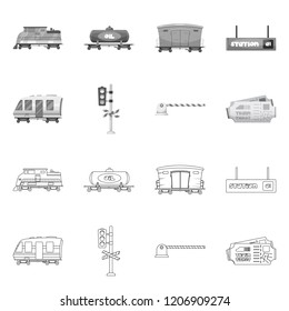 Vector illustration of train and station sign. Collection of train and ticket stock symbol for web.