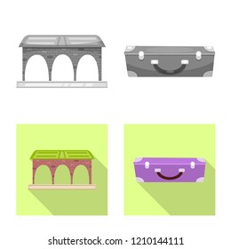 Vector illustration of train and station sign. Collection of train and ticket stock vector illustration.