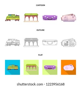 Vector illustration of train and station sign. Set of train and ticket stock symbol for web.