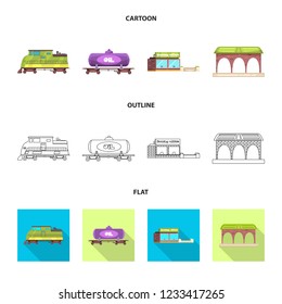 Vector illustration of train and station sign. Set of train and ticket vector icon for stock.