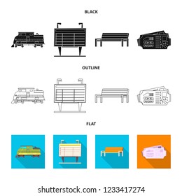 Vector illustration of train and station sign. Set of train and ticket vector icon for stock.
