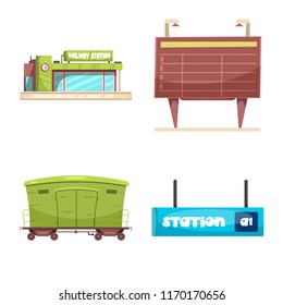 Vector illustration of train and station symbol. Set of train and ticket stock symbol for web.