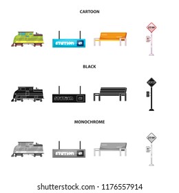 Vector illustration of train and station symbol. Set of train and ticket stock vector illustration.