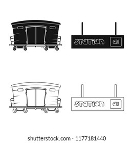 Vector illustration of train and station symbol. Collection of train and ticket stock vector illustration.