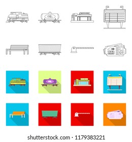 Vector illustration of train and station symbol. Set of train and ticket stock vector illustration.