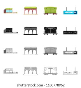 Vector illustration of train and station symbol. Collection of train and ticket stock vector illustration.