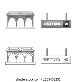 Vector illustration of train and station symbol. Set of train and ticket stock symbol for web.