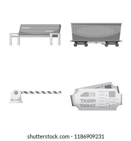 Vector illustration of train and station symbol. Set of train and ticket stock symbol for web.