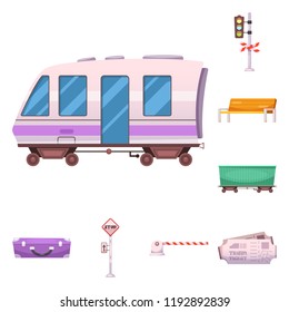 Vector illustration of train and station symbol. Collection of train and ticket stock vector illustration.