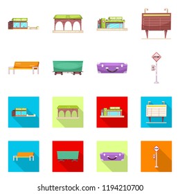 Vector illustration of train and station symbol. Collection of train and ticket stock vector illustration.