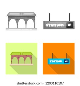 Vector illustration of train and station symbol. Set of train and ticket stock vector illustration.